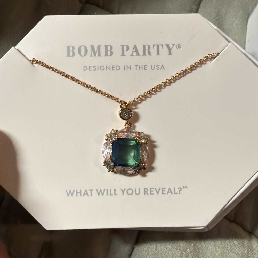 Bomb Party Gold Necklace with Green and Silver Pendant